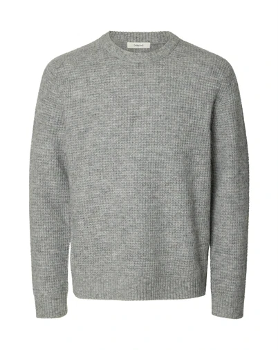Selected - SLMRai Waffle Crew Strik - Light Grey Melange 